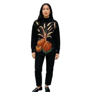 Rebecca & Company Vintage Pumpkin Harvest Sweater M Black Knit Fall Thanksgiving